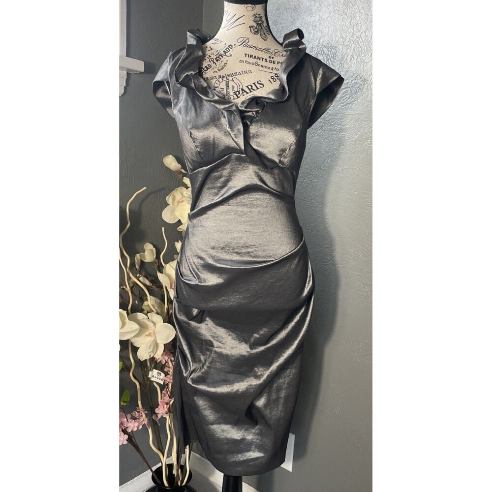 DJ-JAZ Size 6 Metallic Gray Ruffle Dress Women Stylish Formal Evening Gown